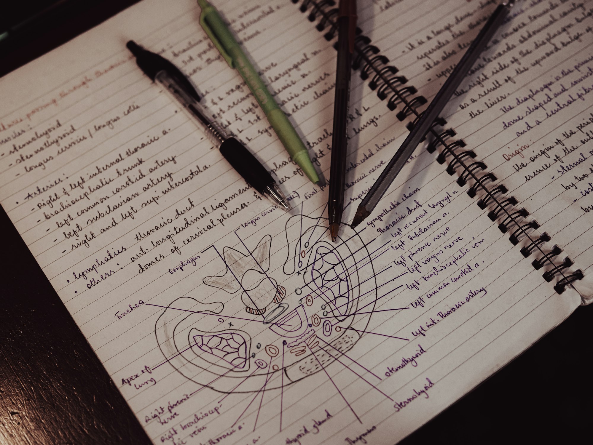 Notebook with a drawing of a face and two pens