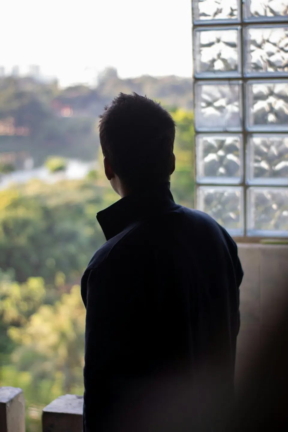 A person standing at a window overlooking trees