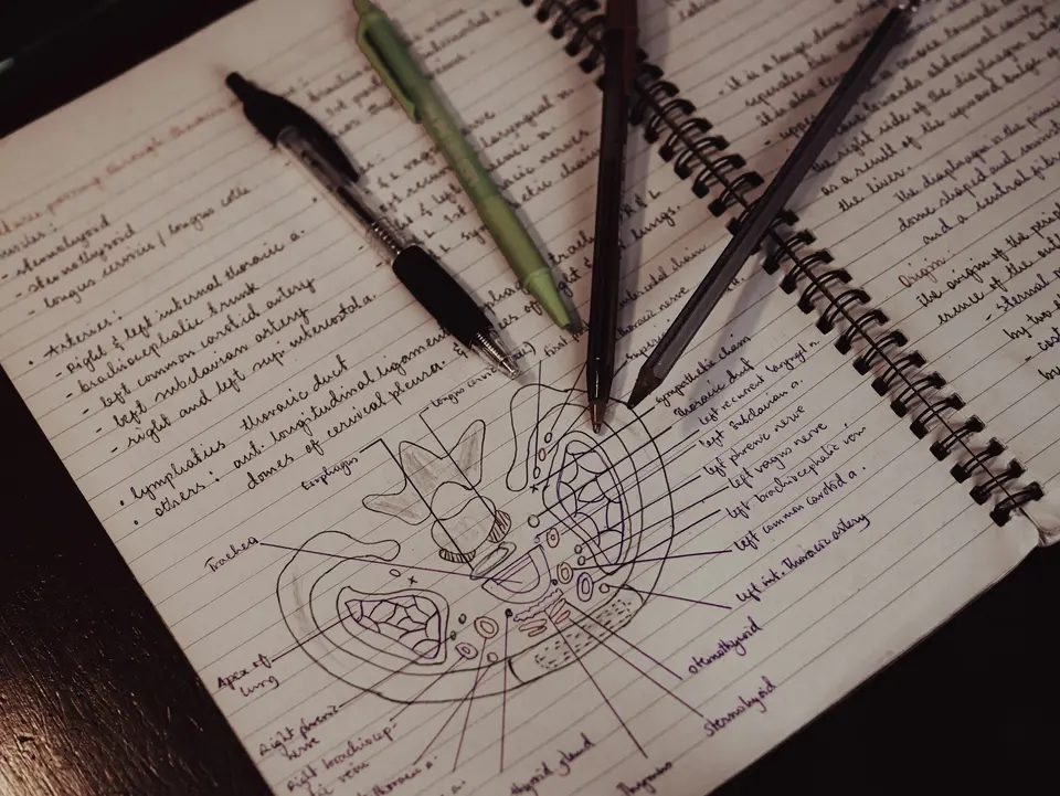 Notebook with a drawing of a face and two pens
