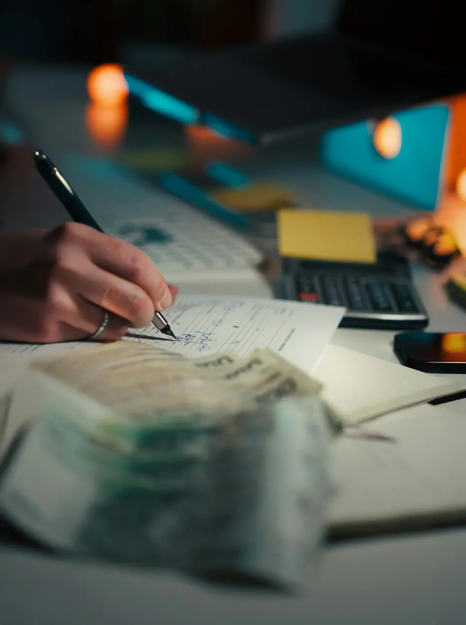 Hand writing in notebook with calculator and cash on desk