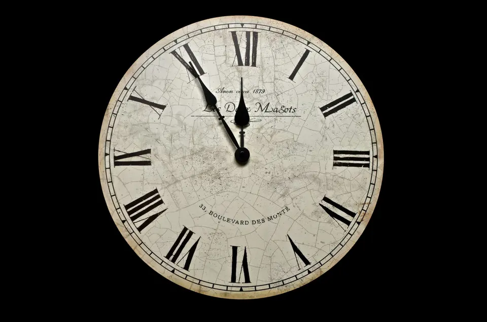 A white and black analog clock face