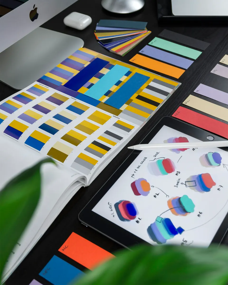 Colorful design templates and creative workspace setup